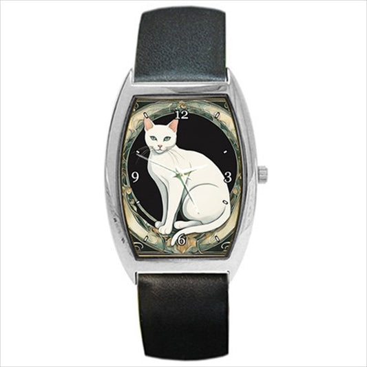 White Cat Art Nouveau Wrist Watch Unisex Animal Animal Art Animal Watch Art Barrel Shape Cat Unisex Watch Wristwatch Barrel Shape Watch