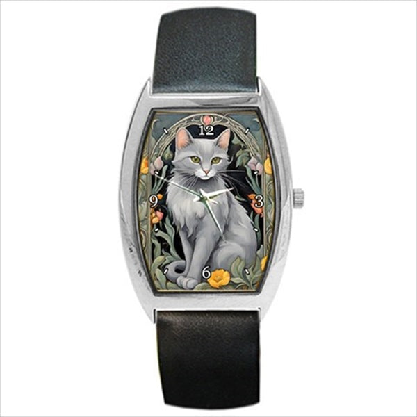 Gray Cat Art Nouveau Wrist Watch Unisex Animal Animal Art Animal Watch Art Barrel Shape Cat Unisex Watch Wristwatch Barrel Shape Watch