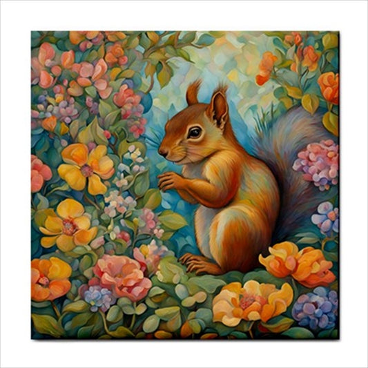 Squirrel Flowers Ceramic Tile 4.25 Inches art Art Ceramic Tile Backsplash Ceramic Ceramic Tile Home Decor Tile Ceramic Tile