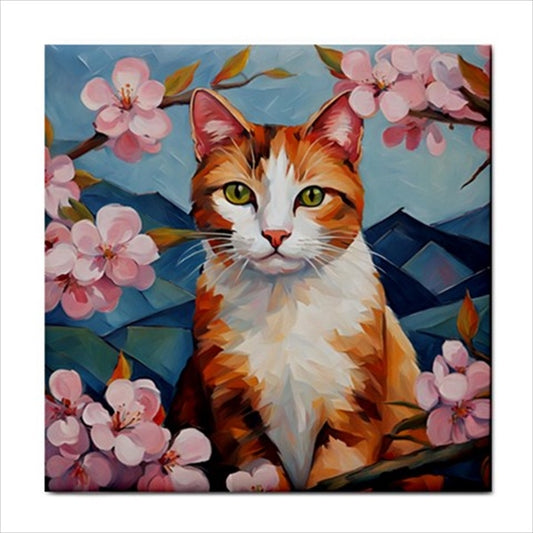 Cat Under Cherry Blossoms Ceramic Tile 4.25 Inches art Art Ceramic Tile Backsplash Cat Cat Art Ceramic Ceramic Tile Home Decor Tile Ceramic Tile