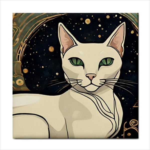 White Art Deco Cat Ceramic Tile 4.25 Inches