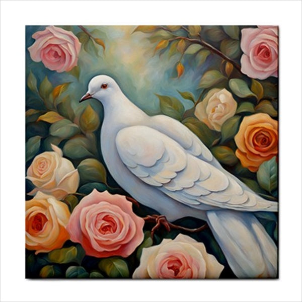 White Dove and Roses Ceramic Tile 4.25 Inches Ceramic Tile