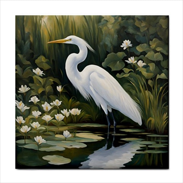 Crane In Pond Ceramic Tile 4.25 Inches Ceramic Tile