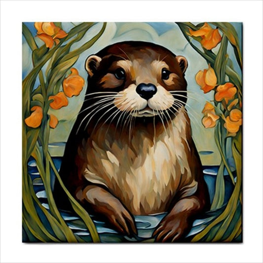 Otter Art Nouveau Ceramic Tile 4.25 Inches art Art Ceramic Tile Backsplash Ceramic Ceramic Tile Home Decor Tile Ceramic Tile