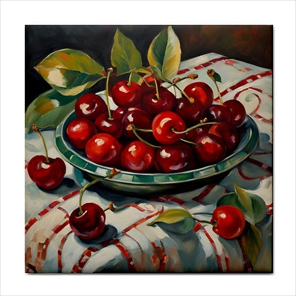 Bowl Of Cherries Ceramic Tile 4.25 Inches art Art Ceramic Tile Backsplash Ceramic Ceramic Tile Food Food Tile Home Decor Tile Ceramic Tile