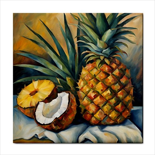 Pineapple Coconut Ceramic Tile Food Art Backsplash 4.25 Inches Ceramic Tile