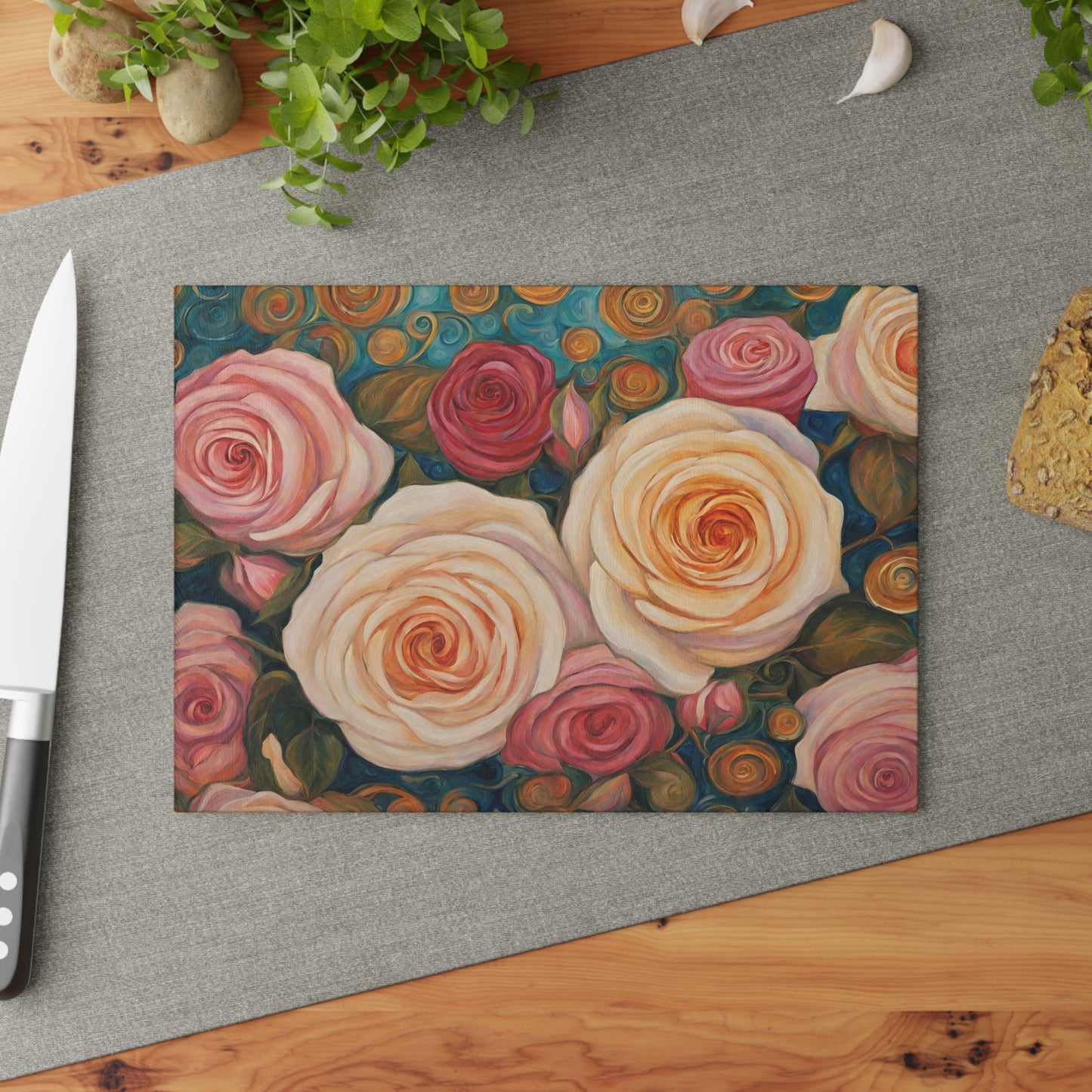 Roses Glass Kitchen Cutting Board Art Nouveau Style 8x11 Inches Housewarming Wedding Gift Home Decor