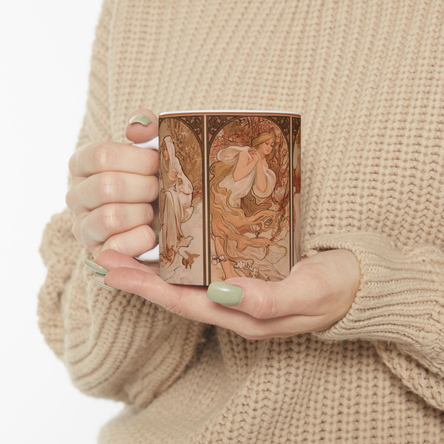 The Seasons Art Nouveau Ceramic Coffee Mug 11oz Alphonse Mucha 11oz Coffee Mugs Fall Picks Home & Living Kitchen mug Mugs Sublimation White base Mug