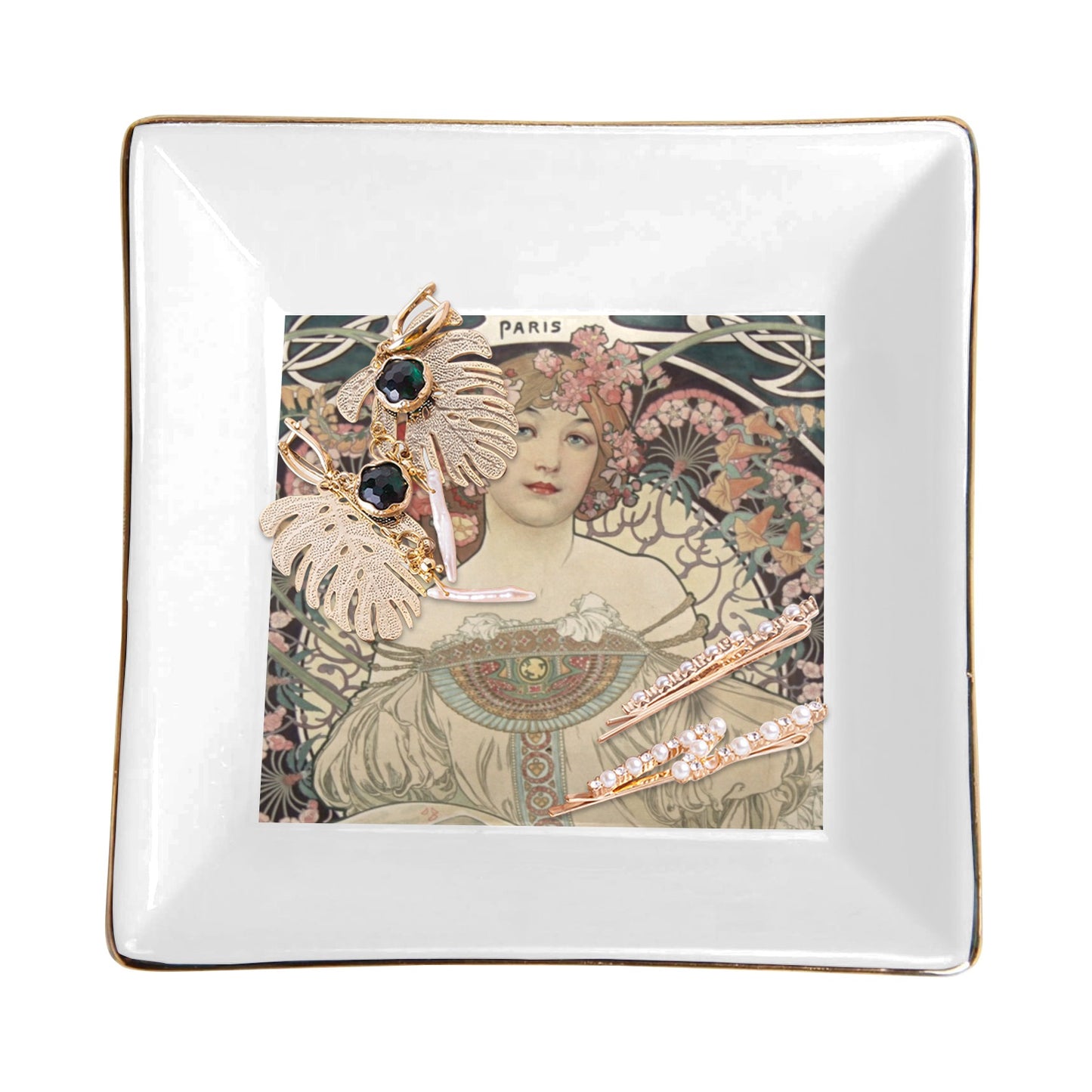 Reverie Female Art Nouveau Ceramic Jewelry Tray Alphonse Mucha Art Art Nouveau Ceramic Tray Jewelry Tray