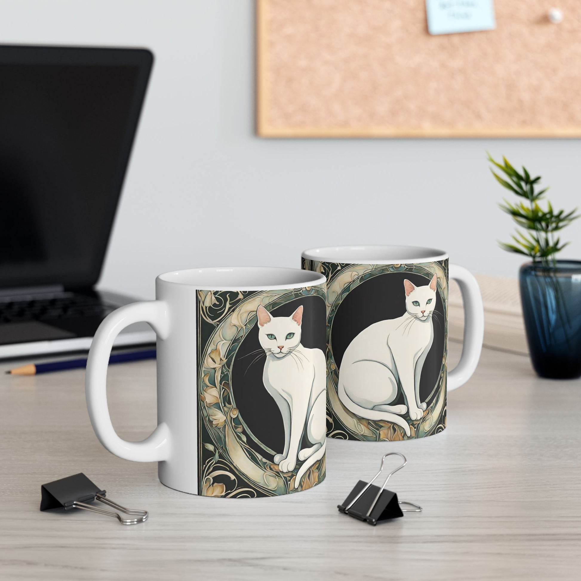 White Cat Coffee Mug Cup 11oz Art Nouveau Style Mug