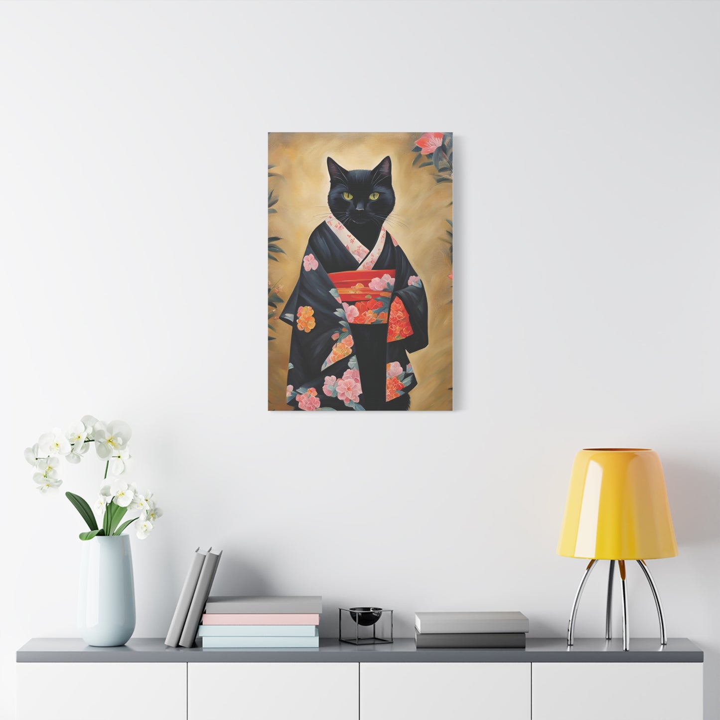 Black Cat In Kimono Art Canvas Print Wall Decor 20x30 Inch Ready To Hang Canvas