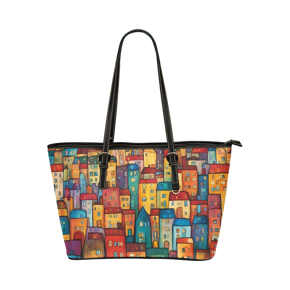 Colorful Village Shoulder Tote Bag 17.5" x 11" PU Faux Leather 17.5" x 11" Art Carry On Home Decor PU Leather Shoulder Bag Tote Tote Bag Travel Tote Bag