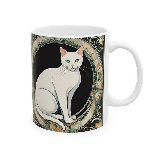 White Cat Coffee Mug Cup 11oz Art Nouveau Style Mug 11oz