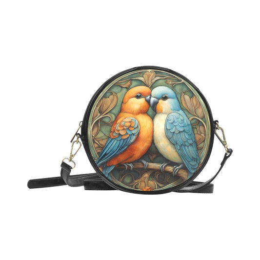 Lovebirds Art Sling Purse Round PU Leather Art Nouveau Bird Birds Lovebird PU Leather Purse Round Purse Purse