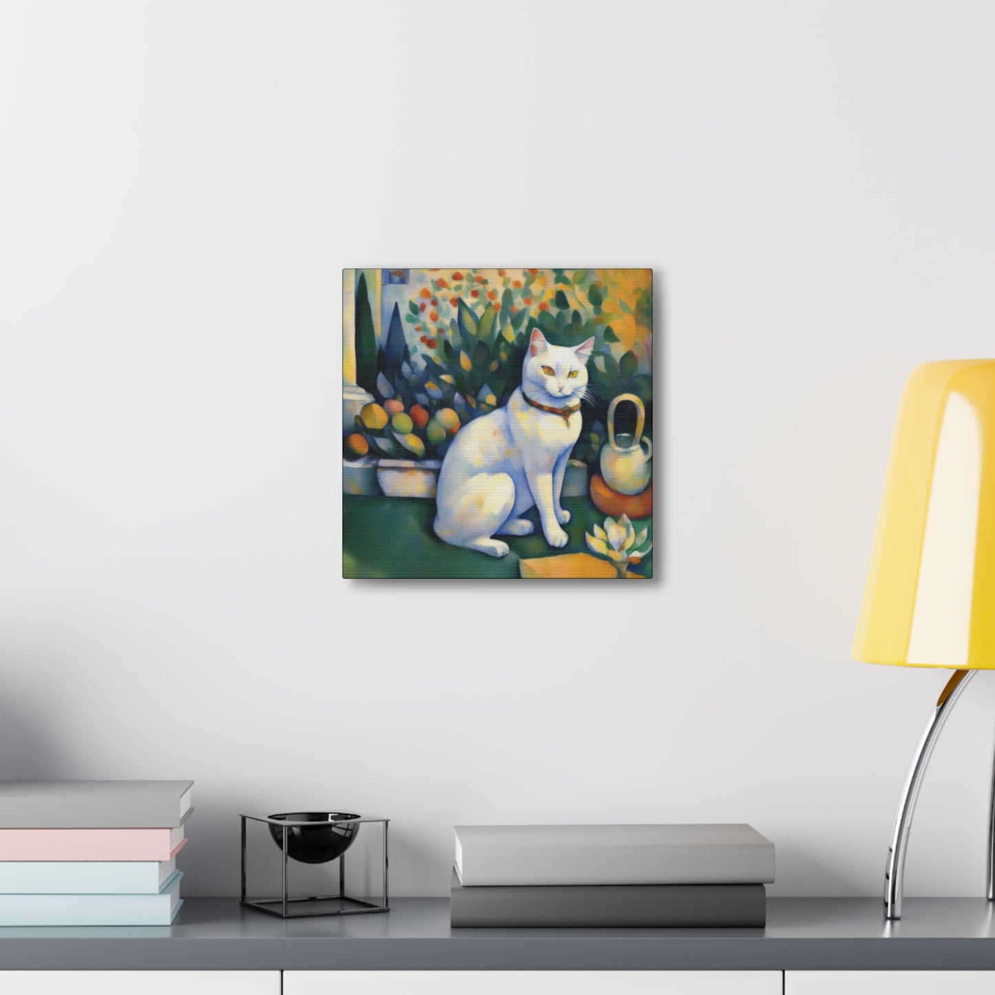 White Cat Garden Art Canvas Gallery Wrap Print 12x12 Inch