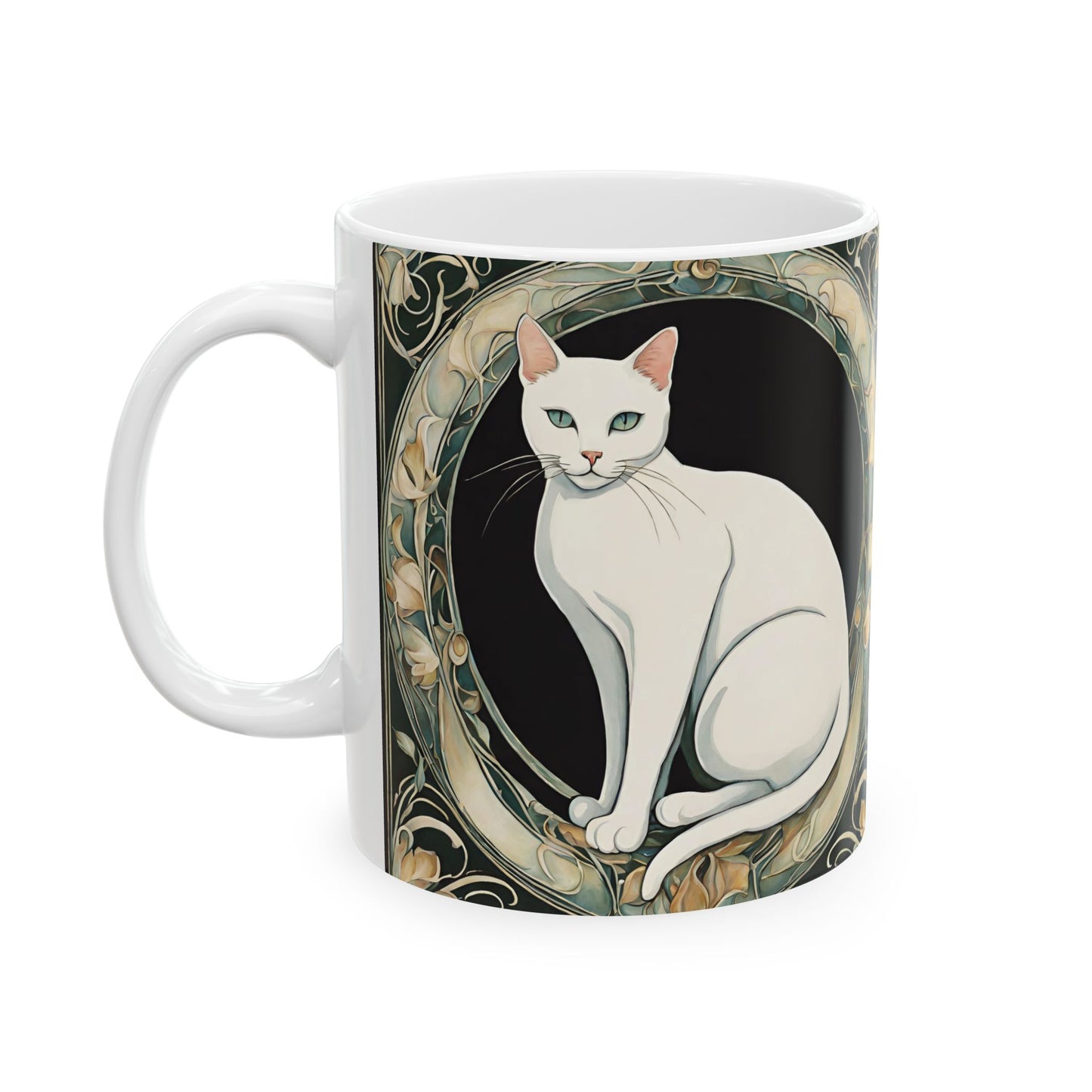 White Cat Coffee Mug Cup 11oz Art Nouveau Style Mug