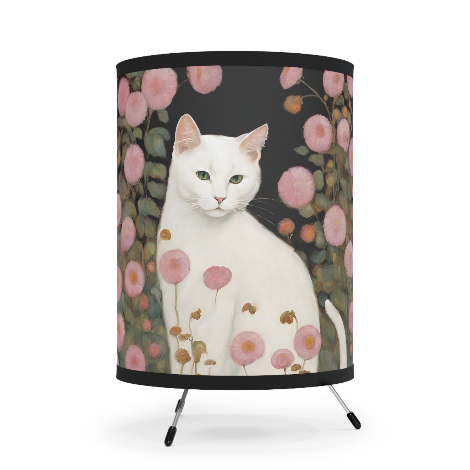 White Cat Pink Flowers Tripod Table Lamp USCA plug Home Decor