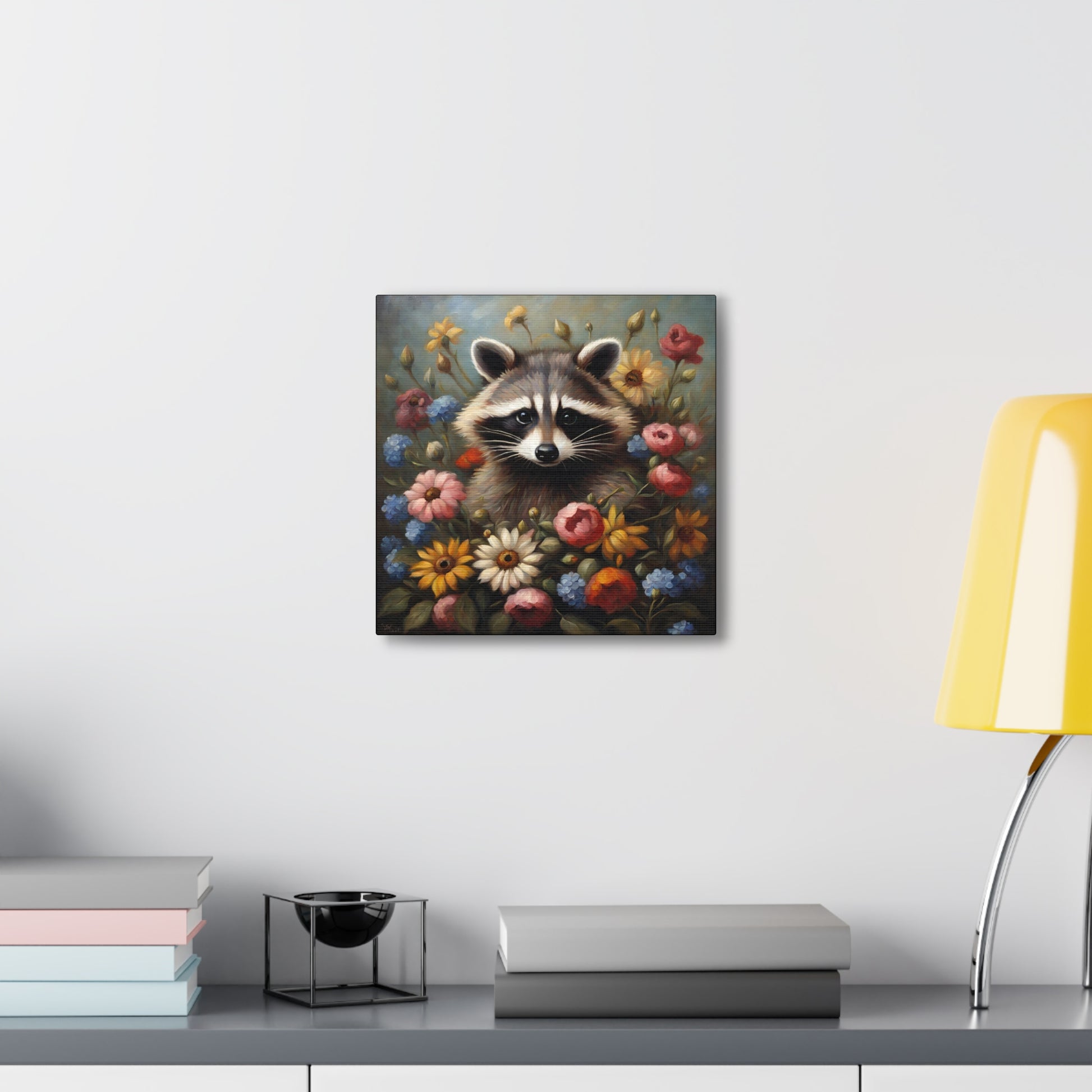 Raccoon Flowers Canvas Gallery Wrap Print 12x12 inch Wall Art Decor 12x12 Art & Wall Decor Canvas Fall Picks Hanging Hardware Home & Living Indoor Top Spring Products Valentine's Day promotion Canvas