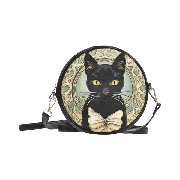 Black Cat Sling Purse Art Nouveau Round PU Leather