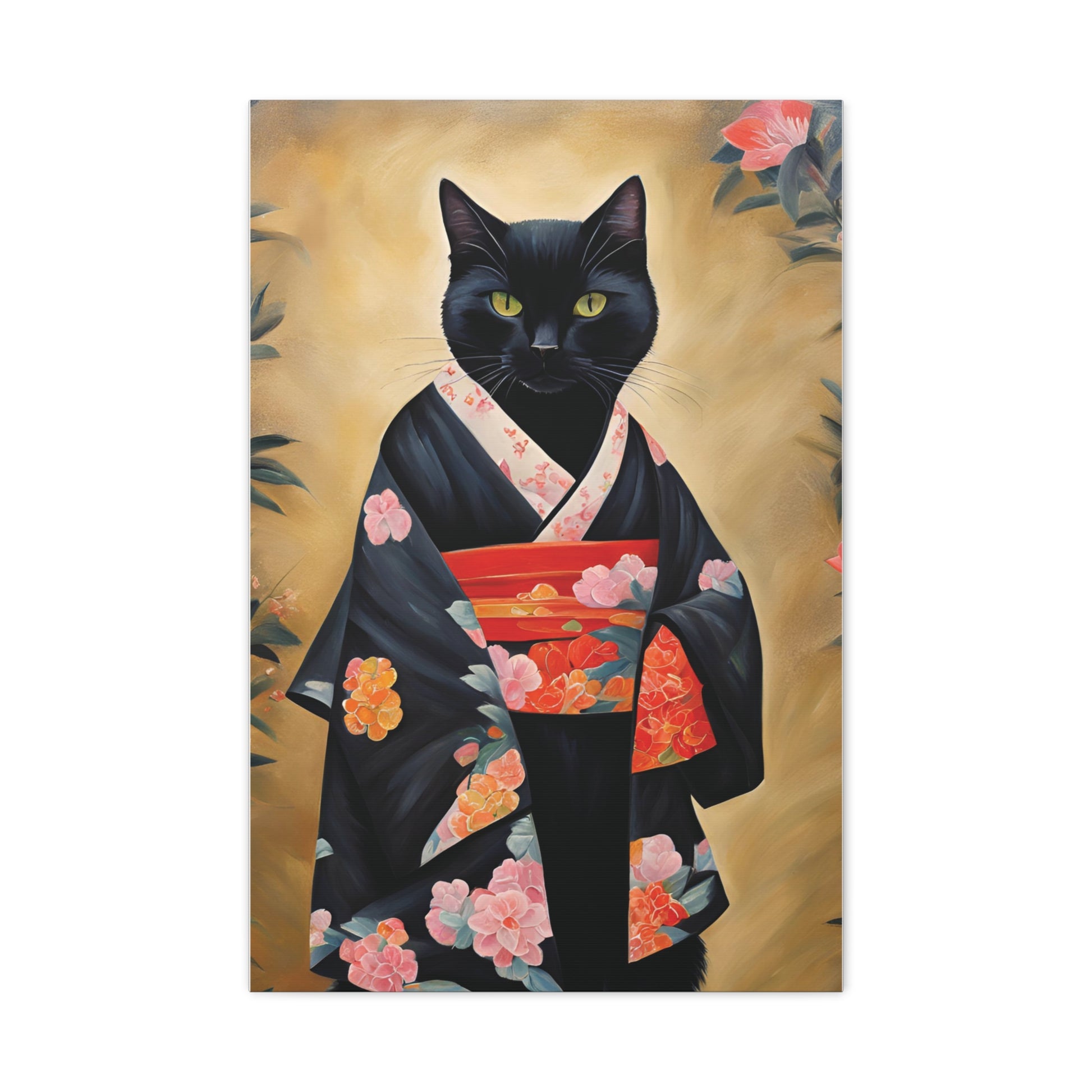 Black Cat In Kimono Art Canvas Print Wall Decor 20x30 Inch Ready To Hang Canvas