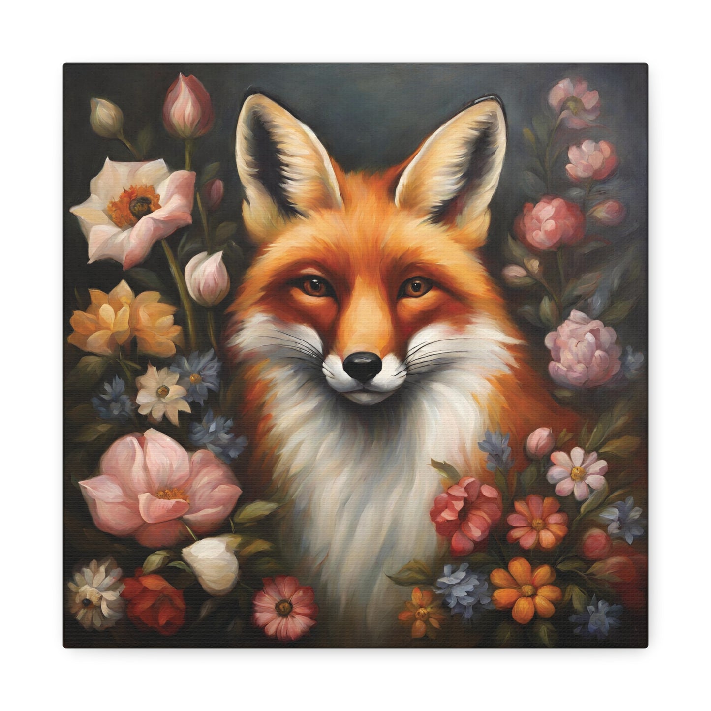 Fox and Flowers Canvas Gallery Wrap Print 12x12 inch Wall Art Decor