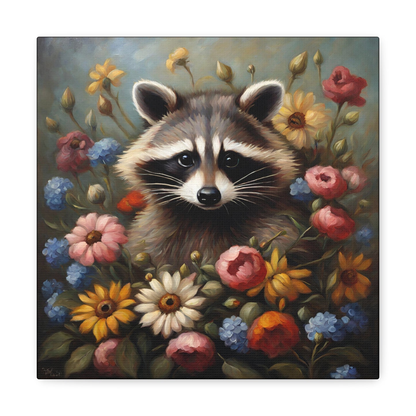 Raccoon Flowers Canvas Gallery Wrap Print 12x12 inch Wall Art Decor 12x12 Art & Wall Decor Canvas Fall Picks Hanging Hardware Home & Living Indoor Top Spring Products Valentine's Day promotion Canvas