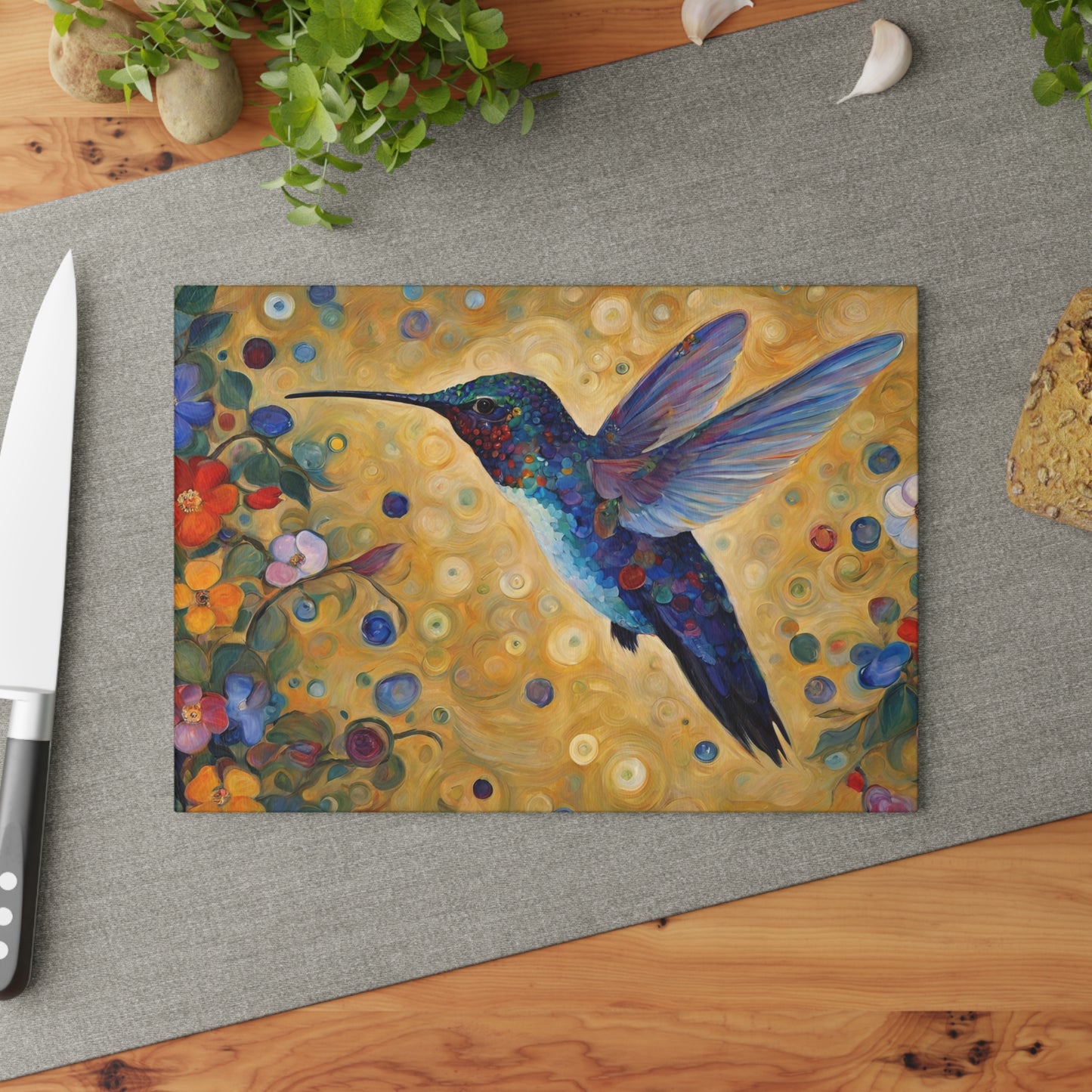 Hummingbird Glass Kitchen Cutting Board Art Nouveau Style 8x11 Inches Home Decor 8" x 11" Rectangle