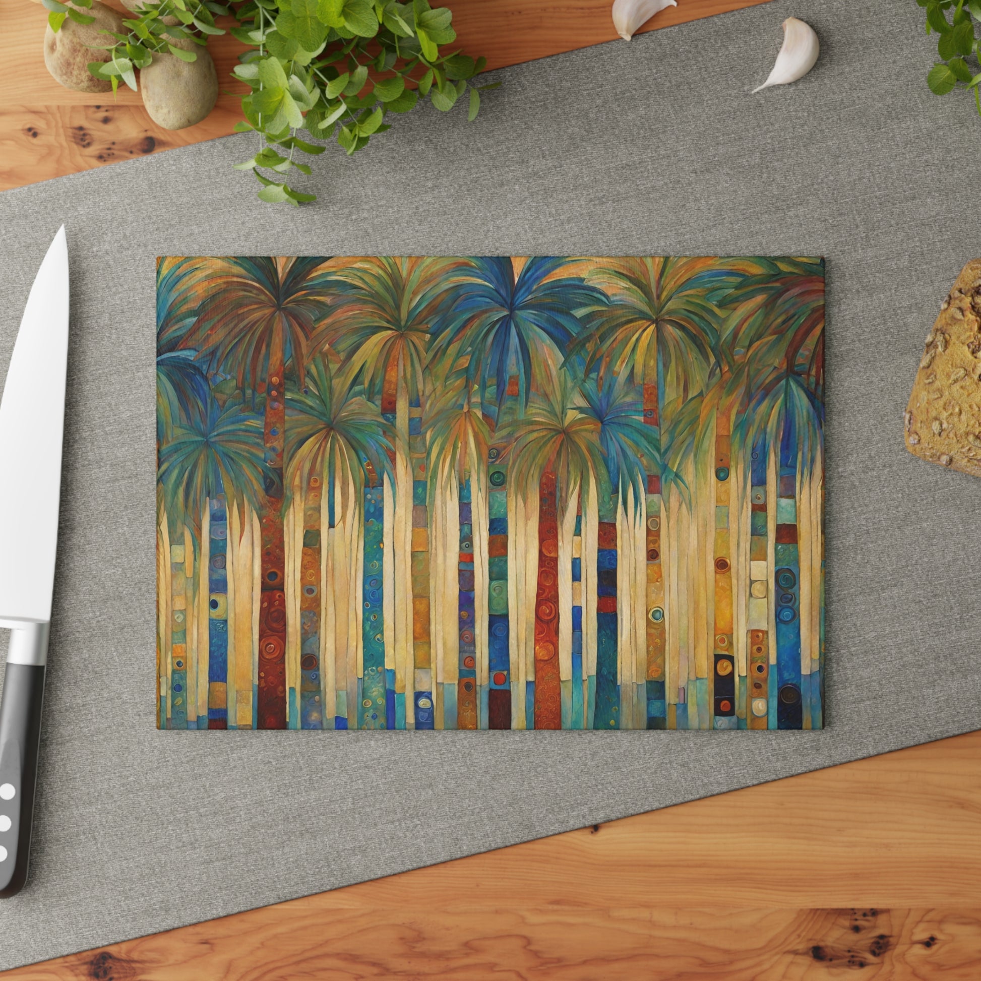 Palm Trees Glass Kitchen Cutting Board Art Nouveau Style 8x11 Inches Housewarming Wedding Gift Home Decor