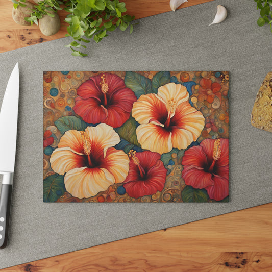 Hibiscus Flowers Glass Kitchen Cutting Board Art Nouveau Style 8x11 Inches Housewarming Wedding Gift Home Decor 8" x 11" Rectangle