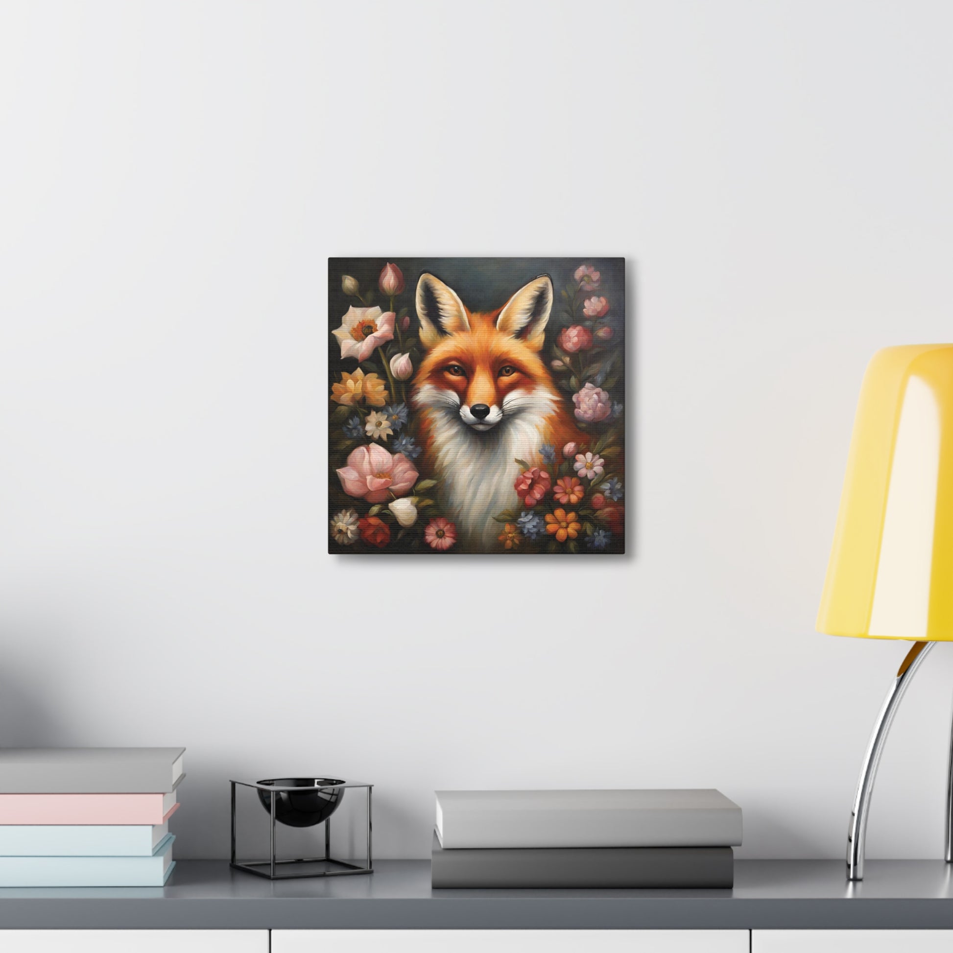 Fox and Flowers Canvas Gallery Wrap Print 12x12 inch Wall Art Decor