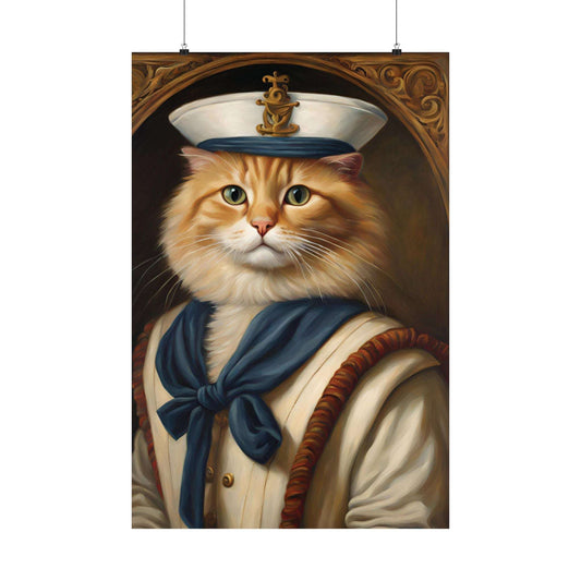 First Mate Sailor Cat Matte Poster 24x36 Inches Cat Art Poster