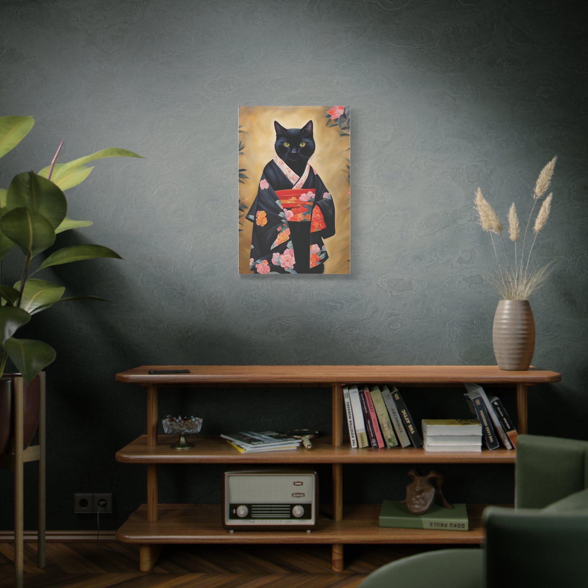 Black Cat In Kimono Art Canvas Print Wall Decor 20x30 Inch Ready To Hang Canvas