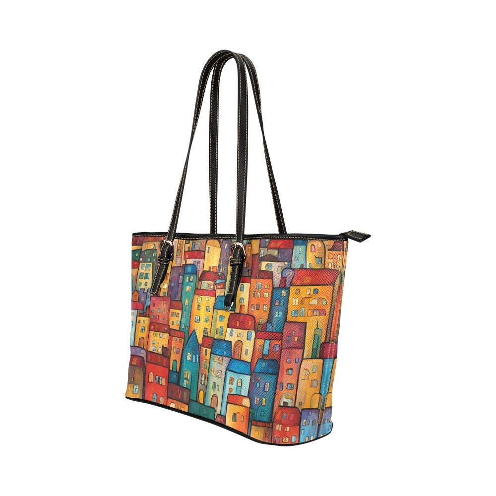 Colorful Village Shoulder Tote Bag 17.5" x 11" PU Faux Leather 17.5" x 11" Art Carry On Home Decor PU Leather Shoulder Bag Tote Tote Bag Travel Tote Bag