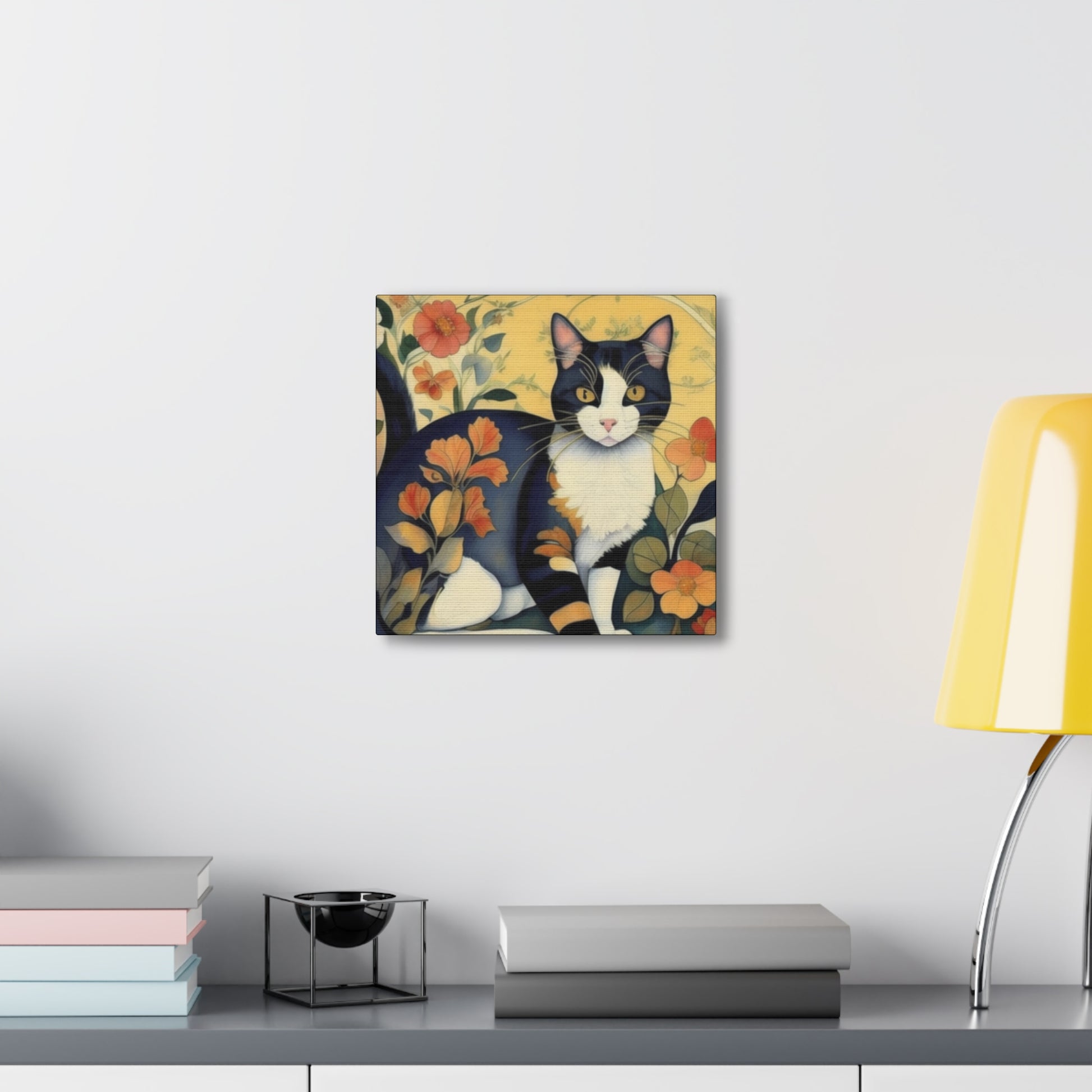 Cat And Flowers Art Canvas Gallery Wrap Print 12x12 inch