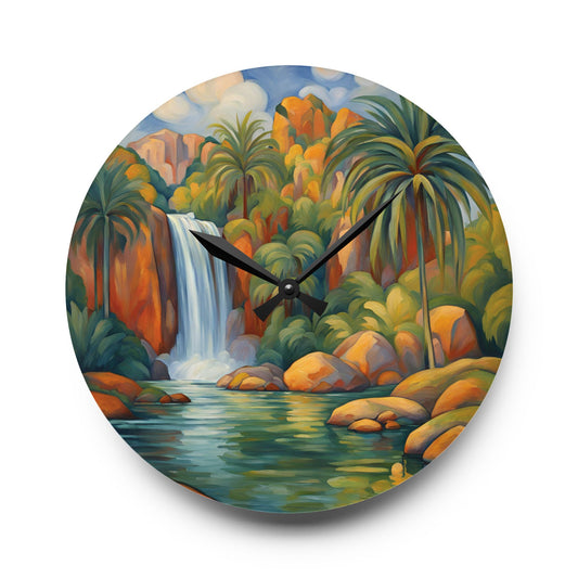 Tropical Waterfall Art Acrylic Wall Clock 10.75 Inches Home Decor 10.75'' × 10.75'' (Round)