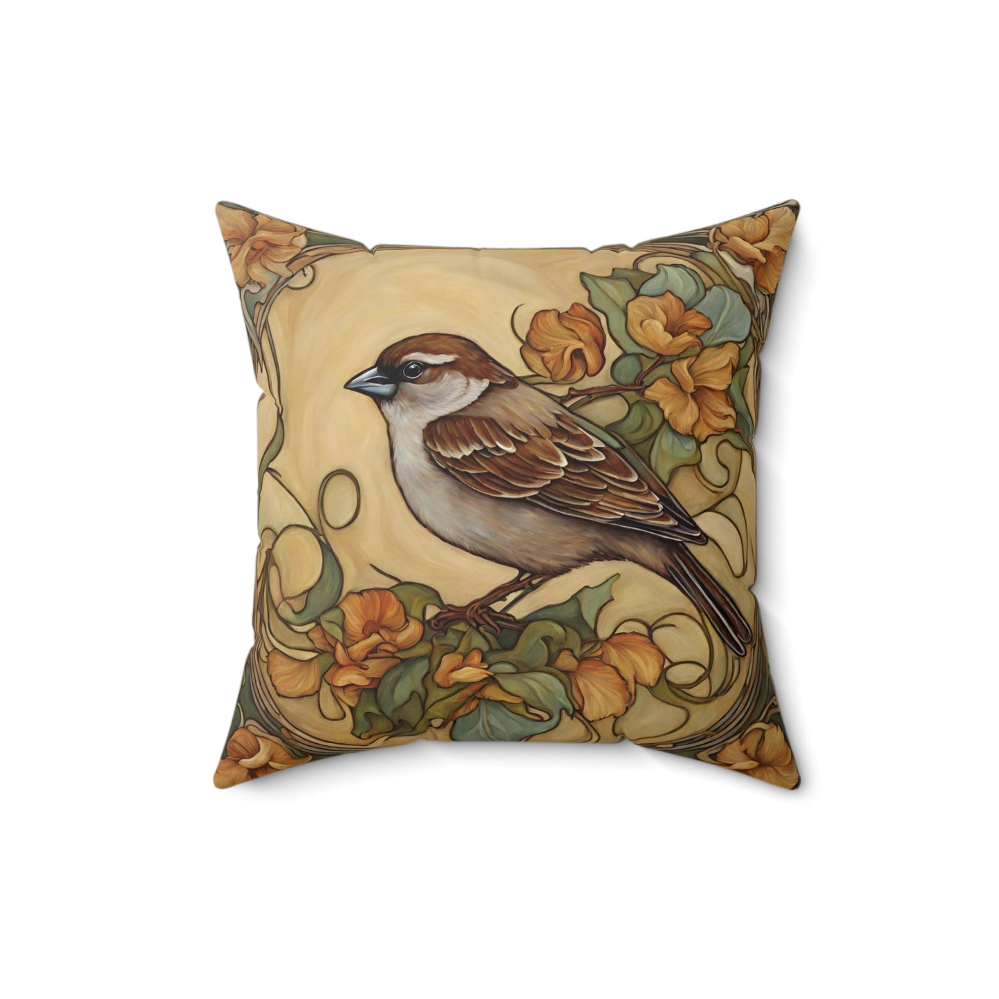 Sparrow Throw Pillow Faux Suede 16x16 Inches Art Nouveau Decor Throw Pillows