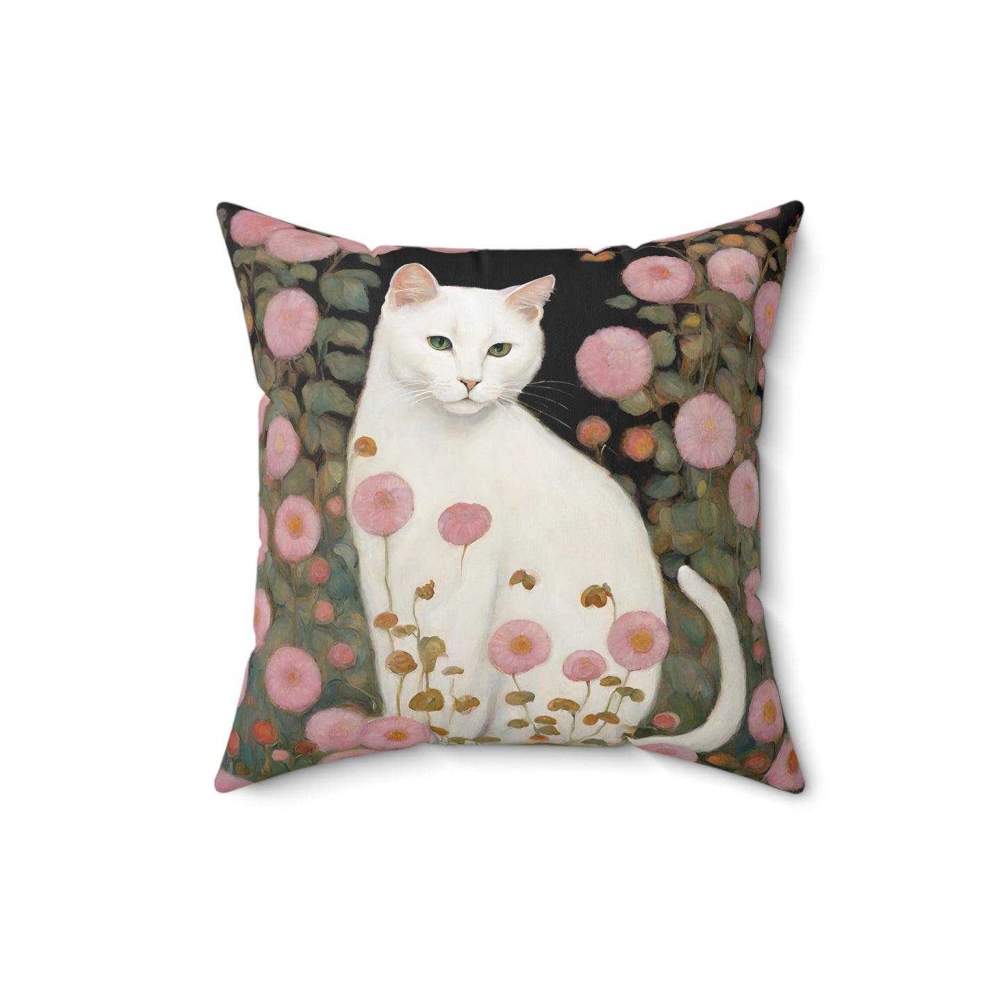 White Cat Pink Flowers Throw Pillow Faux Suede 16x16 Inches 16 Inch Animal Art Art Nouveau Cat Cat Art Cats Decorative Pillow Faux Suede Pillow Flowers Pink Flowers Throw Pillow White Cat Throw Pillows