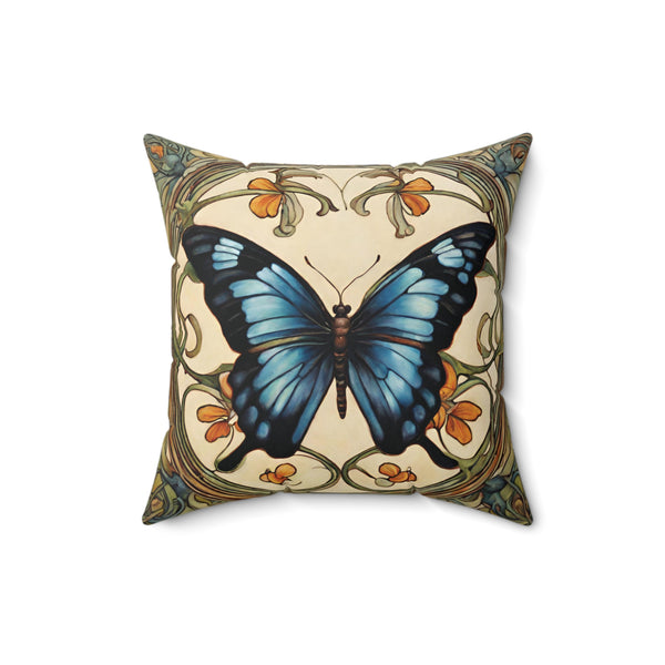 Blue Butterfly Throw Pillow Faux Suede 16x16 Inches Art Nouveau Decor