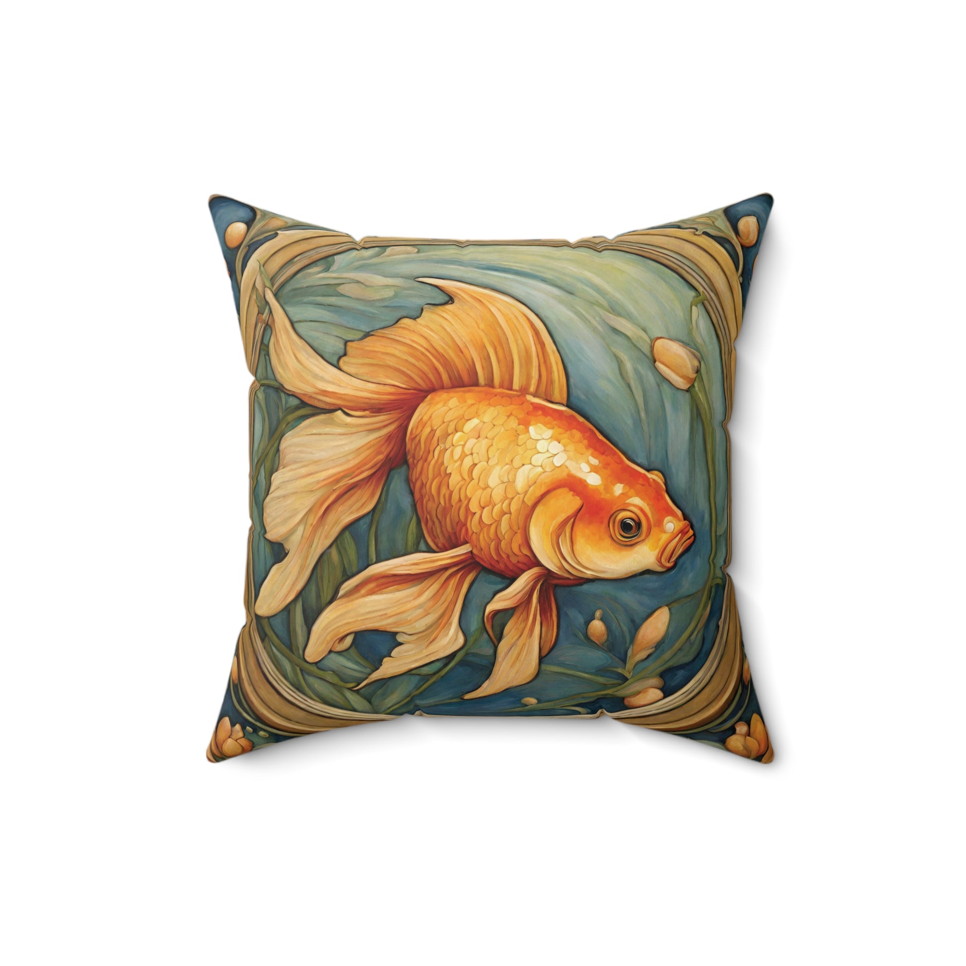 Goldfish Throw Pillow Faux Suede 16x16 Inches Art Nouveau Decor 16 Inch Animal Art Art Nouveau Decorative Pillow Faux Suede Pillow Goldfish Throw Pillow Throw Pillows