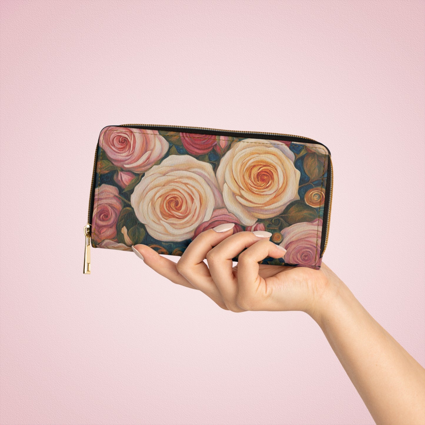 Roses Ladies Wallet For Vacation Travel Faux Leather Zipper Art Art Nouveau Floral Floral Pattern Flowers Rose Roses Vacation wallet Zipper Wallet Zippered Wallet