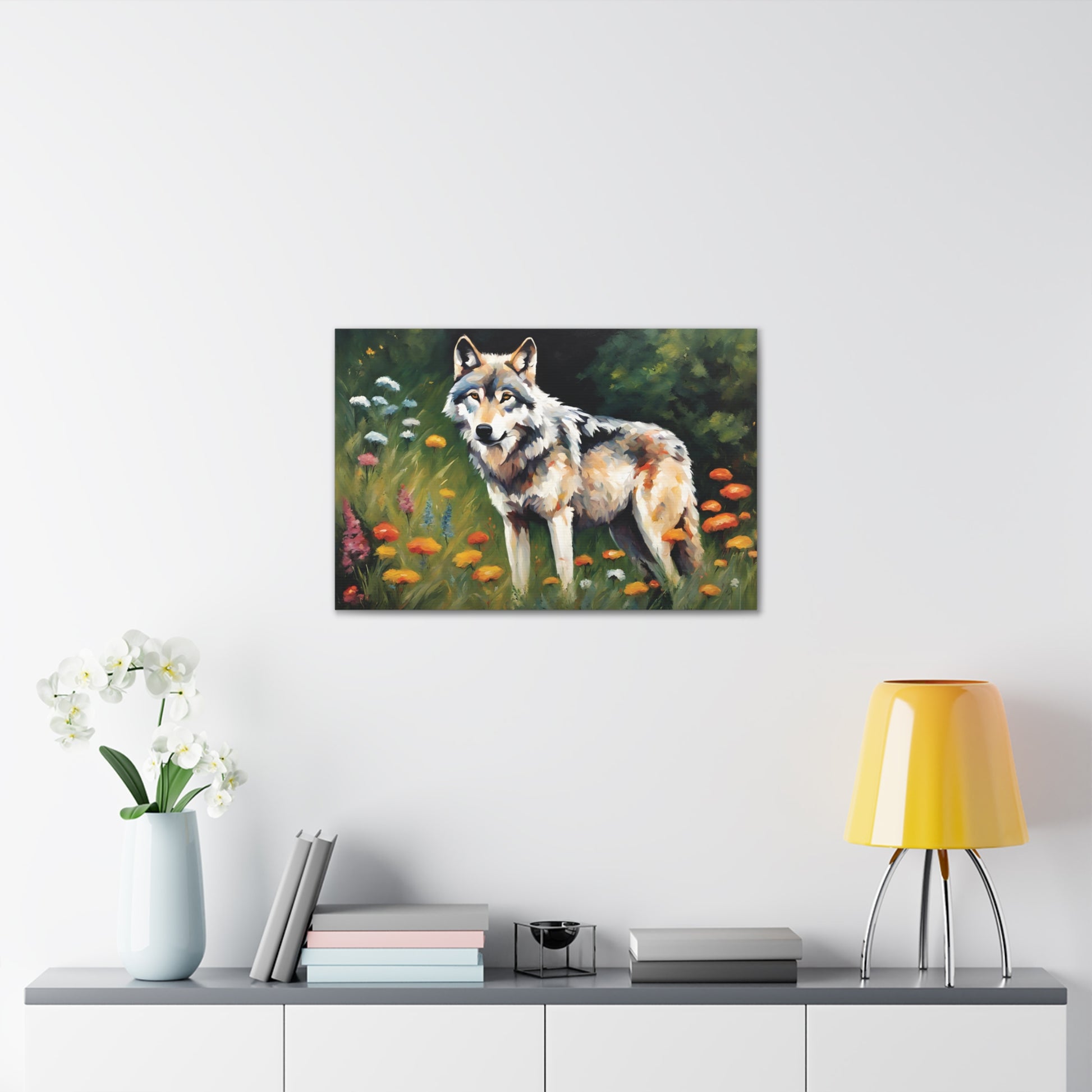 Wolf and Wildflowers Canvas Wall Art 30 by 20 Inch