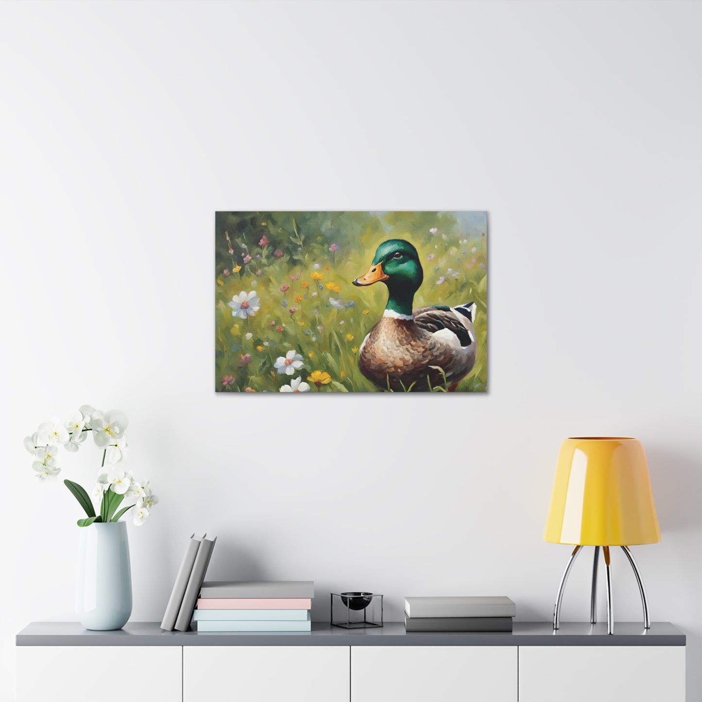 Mallard Duck and Wildflowers Canvas Wall Art 30 by 20 Inch