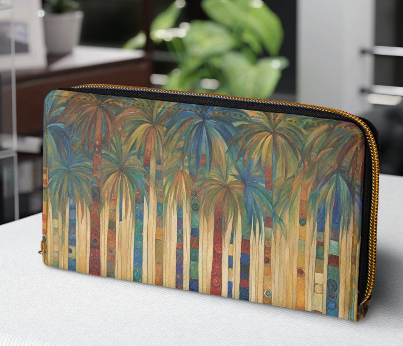 Palm Trees Wallet For Vacation Travel Faux Leather Zipper Art Cruelty Free Palm Trees Tropical Vacation wallet Zipper Wallet Zippered Wallet