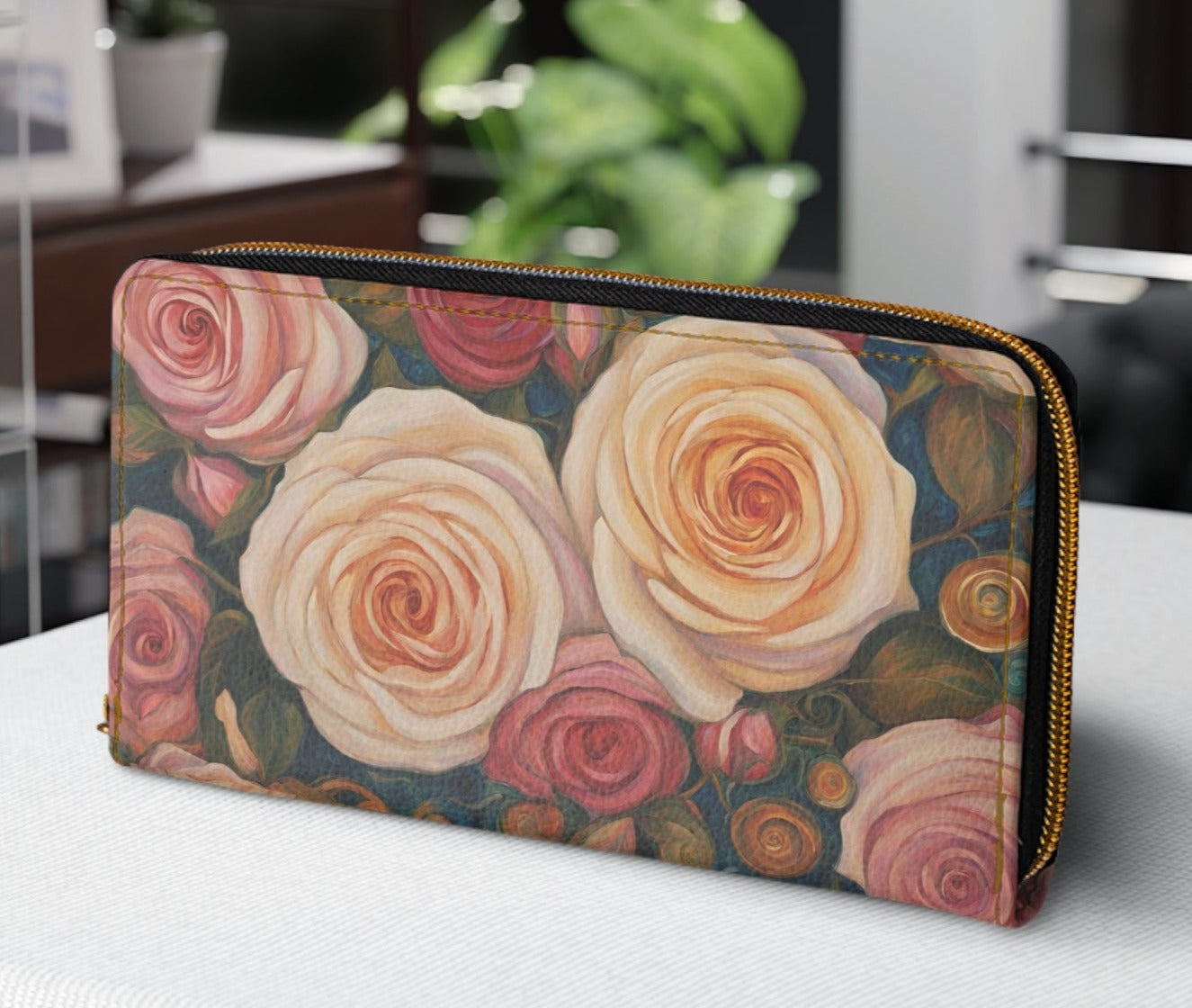 Roses Ladies Wallet For Vacation Travel Faux Leather Zipper Art Art Nouveau Floral Floral Pattern Flowers Rose Roses Vacation wallet Zipper Wallet Zippered Wallet