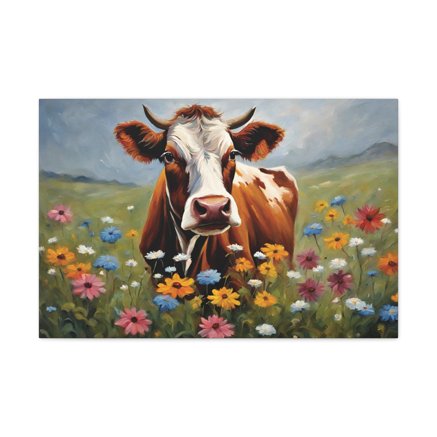 Cow and Wildflowers Canvas Wall Art 30 by 20 Inch