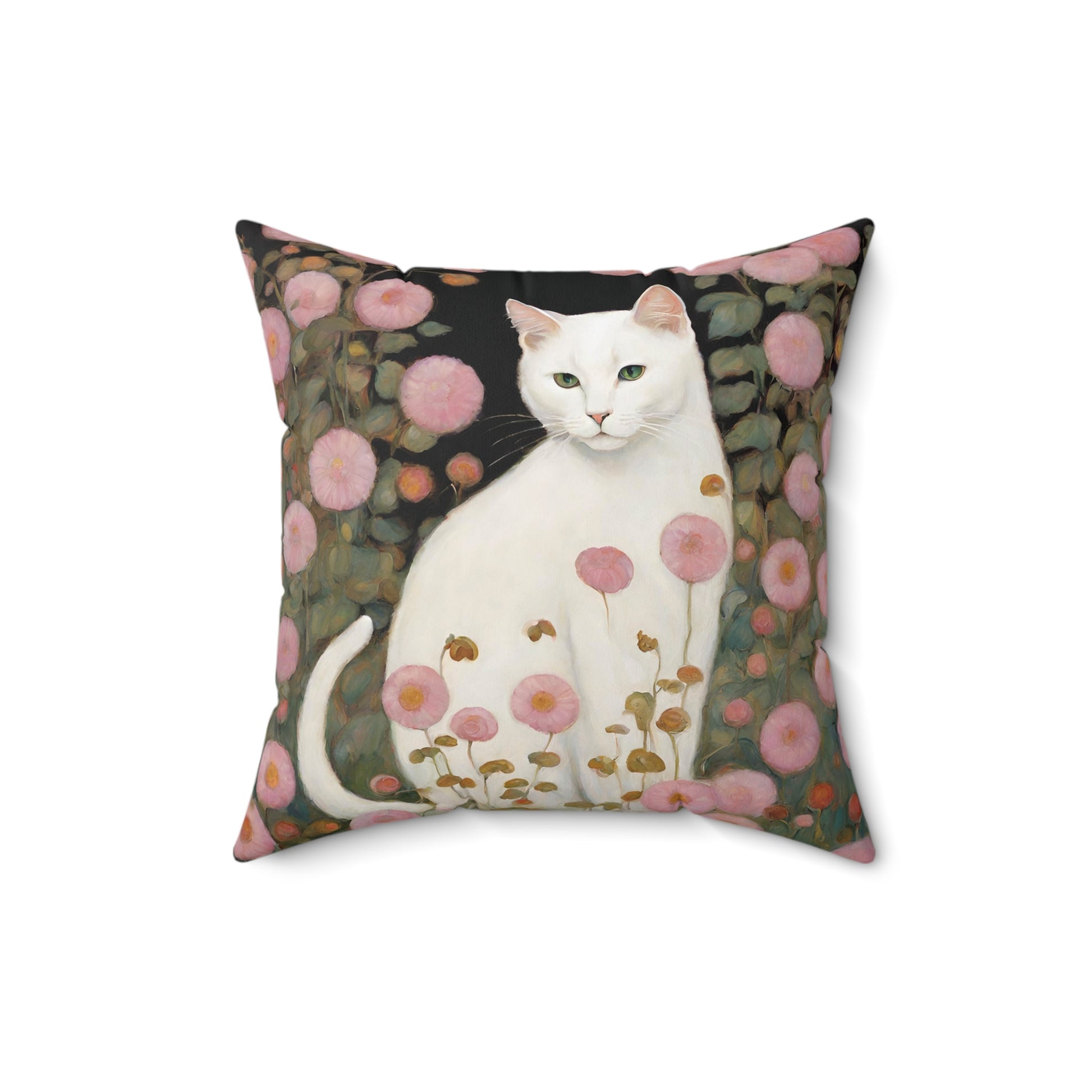 White Cat Pink Flowers Throw Pillow Faux Suede 16x16 Inches 16 Inch Animal Art Art Nouveau Cat Cat Art Cats Decorative Pillow Faux Suede Pillow Flowers Pink Flowers Throw Pillow White Cat Throw Pillows