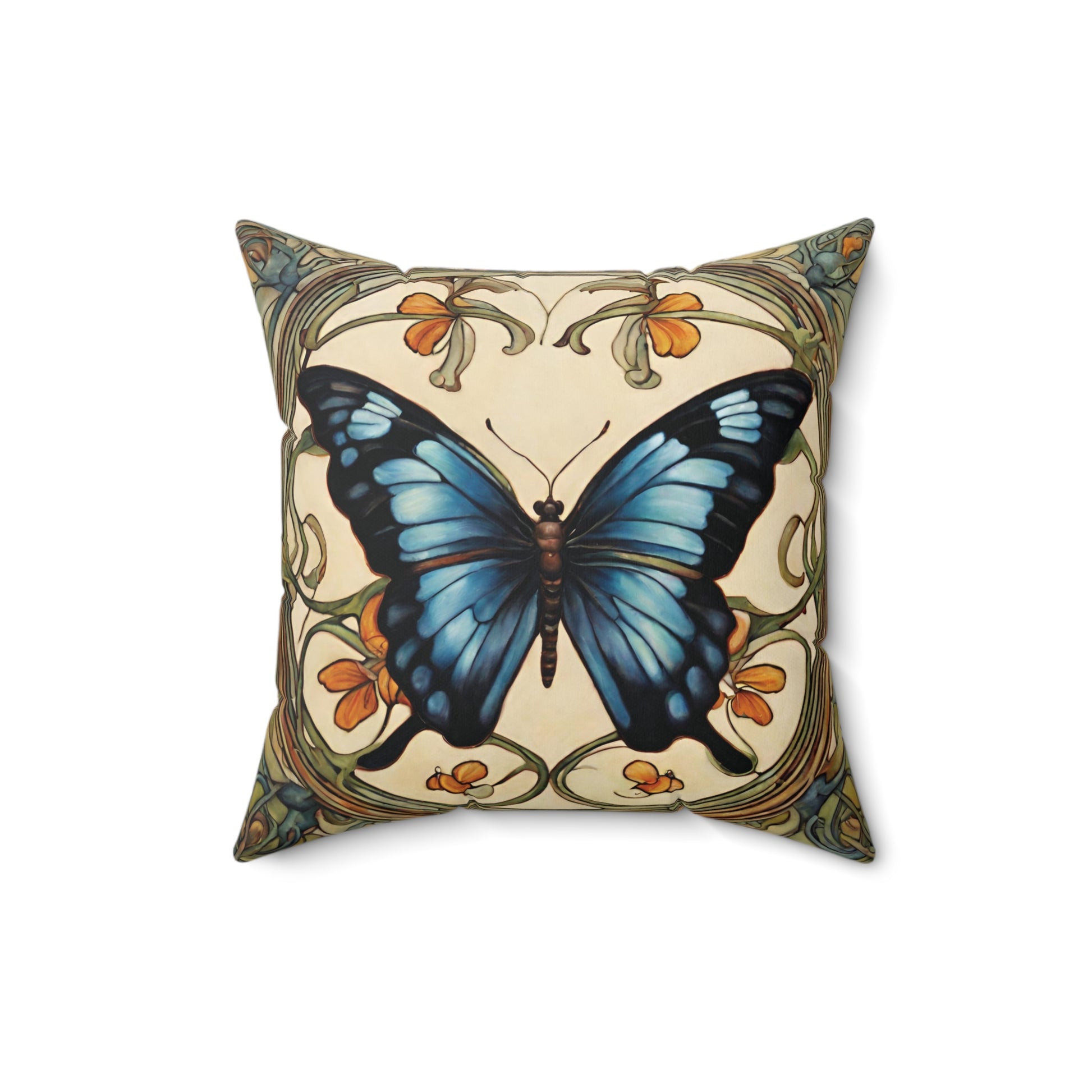 Blue Butterfly Throw Pillow Faux Suede 16x16 Inches Art Nouveau Decor 16 Inch Animal Art Art Nouveau Blue Butterfly Decorative Pillow Faux Suede Pillow Throw Pillow Throw Pillows