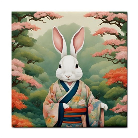 Rabbit In Kimono Ceramic Tile Art 4.25 Inches Ceramic Tile