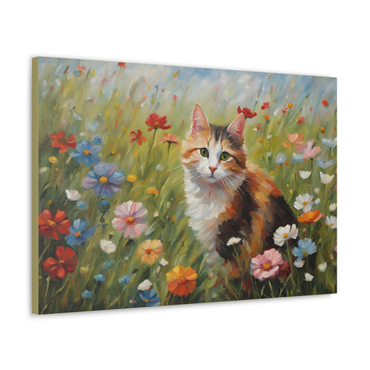 Cat and Wildflowers Canvas 30 by 20 Inch Wall Art 30x20 Canvas 30x20 Inch Canvas Print Cat Flowers Office Art wall art