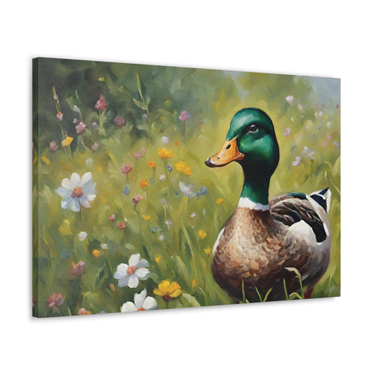 Mallard Duck and Wildflowers Canvas Wall Art 30 by 20 Inch 30x20 Canvas 30x20 Inch Canvas Print Duck Flowers Office Art wall art